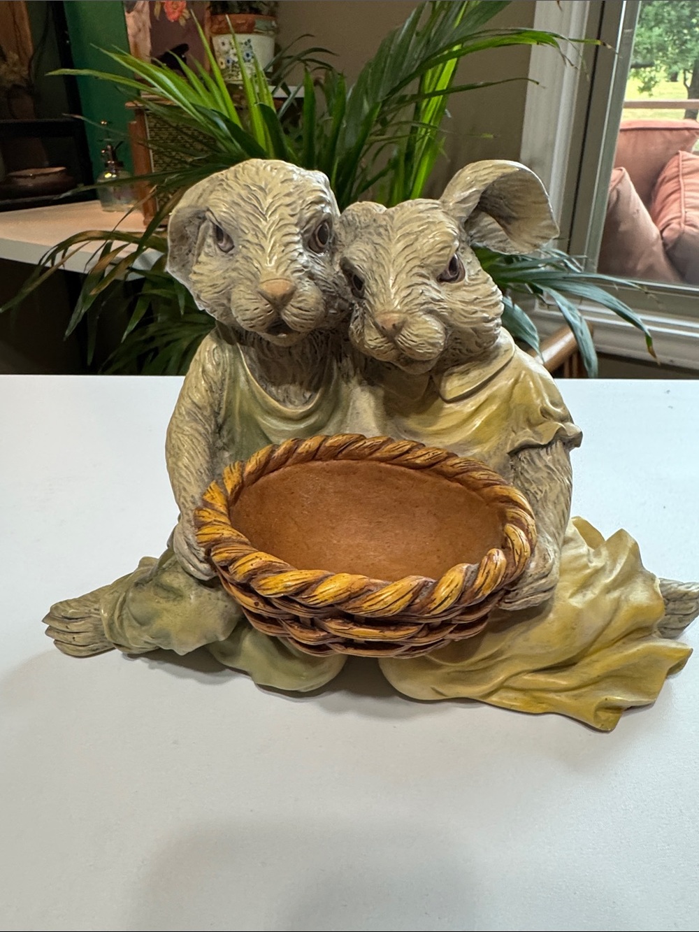 Yellow Ceramic Bunny Pair Figurine with Basket